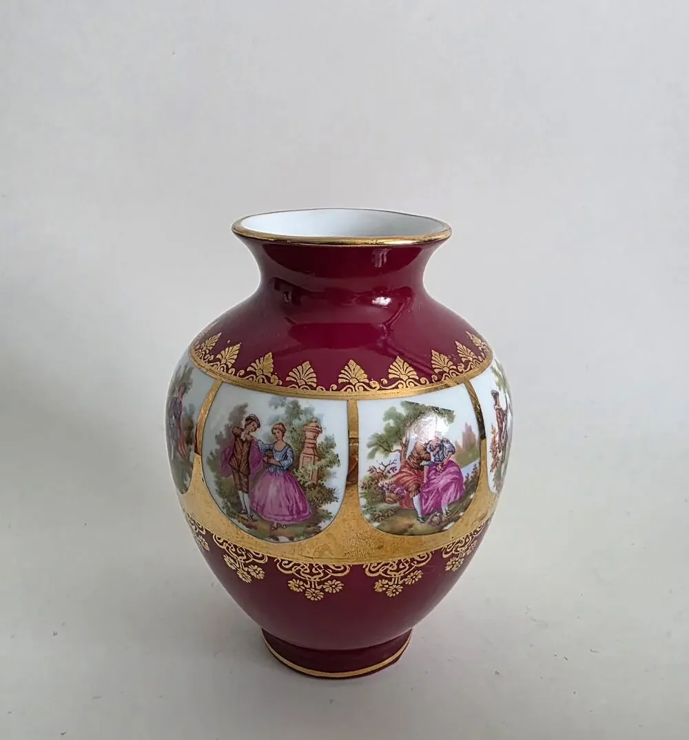 J.K.W Bavaria Western Germany Porcelain Vase Burgundy Gold Floral 5